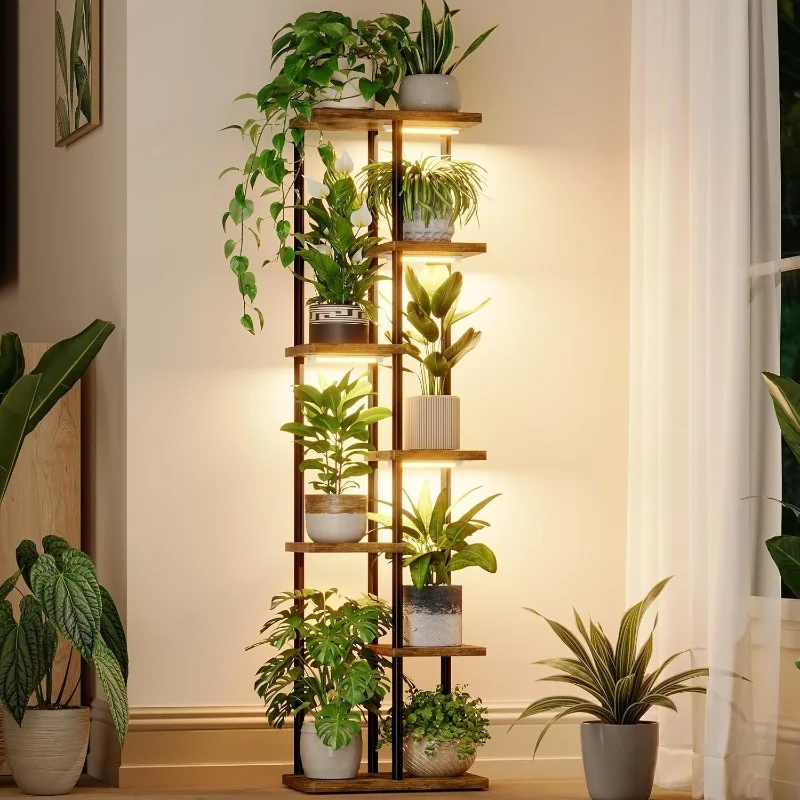 

Plant Stand with Grow Light for Indoor Plants Corner 7 Tier Metal Plant Shelf Wood Flower Stand for Home Living Room Decor Patio