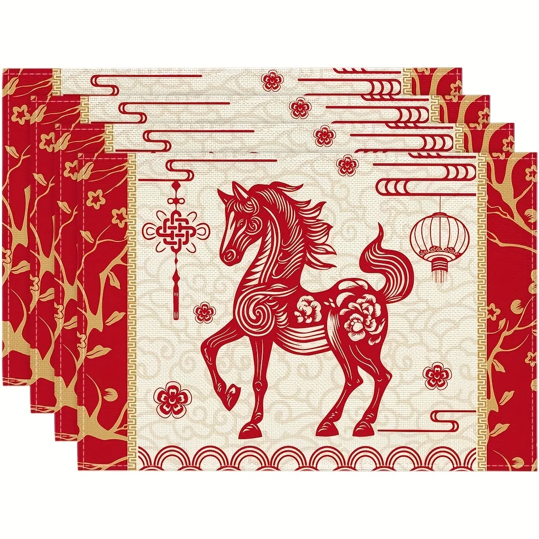 4pcs Red Horse Placemats – 2026 Zodiac Design, Chinese New Year Theme with Cut-Out Horse & Lanterns, for Lunar Festival Decor