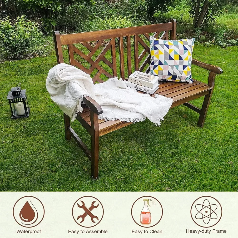 Outdoor Acacia Wood Garden Bench with Backrest and Armrest,2-Person Slatted Seat Bench Patio Furniture for Porch,Park,Yard