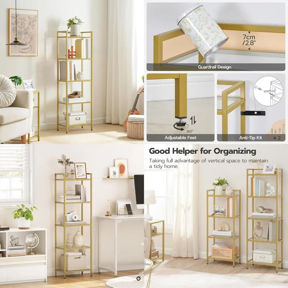 

Gold 5-Tier Slim Bookshelf, Glass Display Cabinet, Corner Storage for Compact Spaces, Ideal for Home, Office, Living Room, Bedro