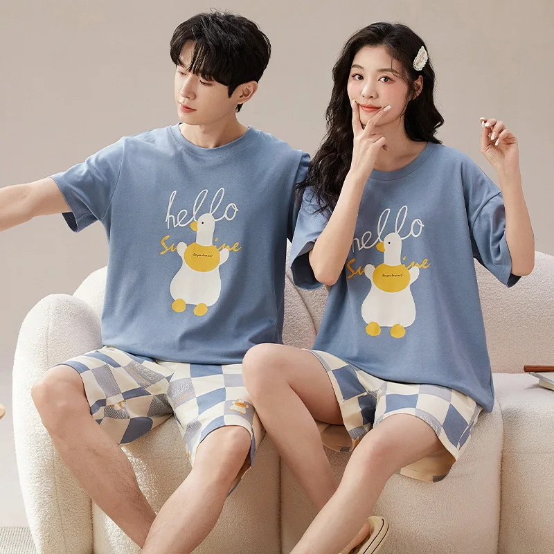 Cartoon Cute Summer Cotton Pajamas Set for Couples Women and Men Matching Sleepwear Short Sleeves Sleeping Top Shorts Pijamas