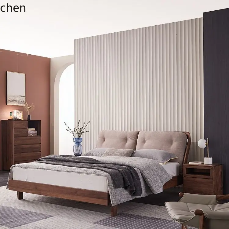 ZML Solid Wood Bed Double Bed Modern Minimalist Bedroom Soft Back  Wedding Bed