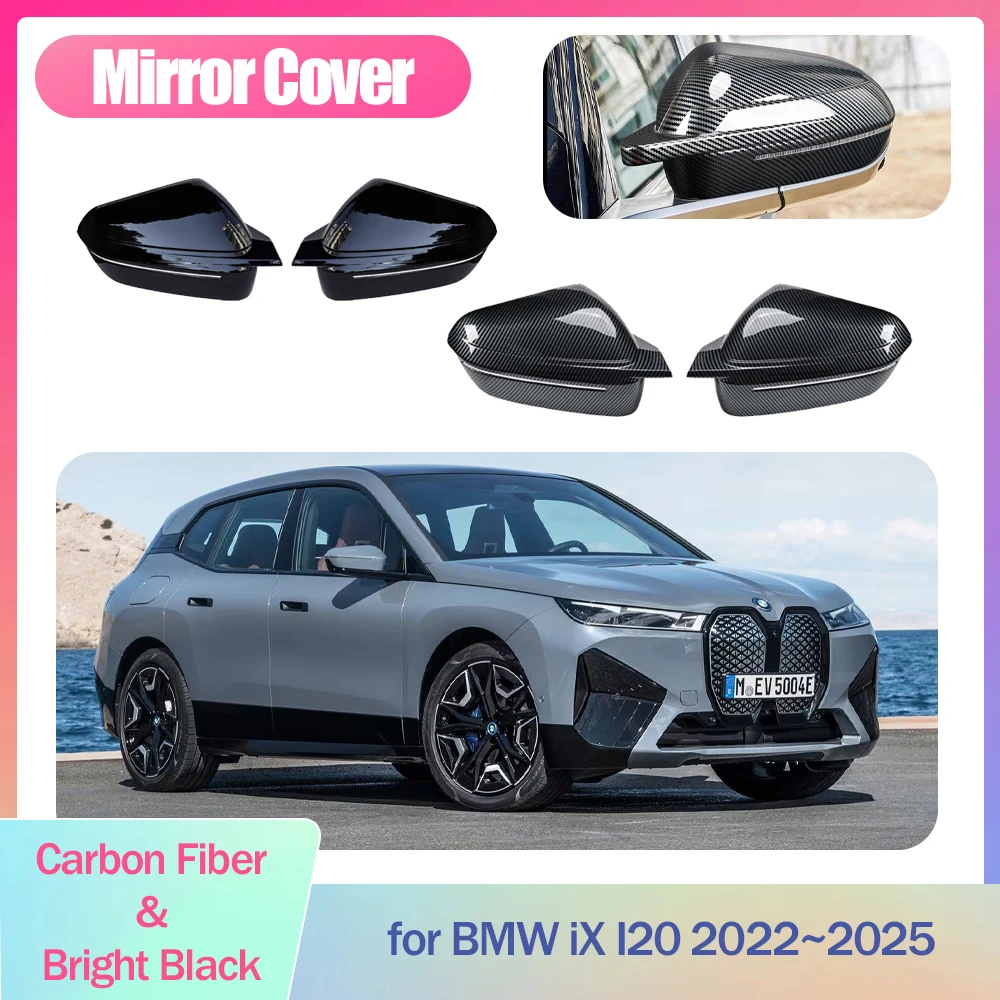 

2pcs Car Mirror Cover for BMW iX I20 2022~2025 2023 2024 ABS Cap Wing Carbon Fiber Black Trim Shell Sticker Part Accessories