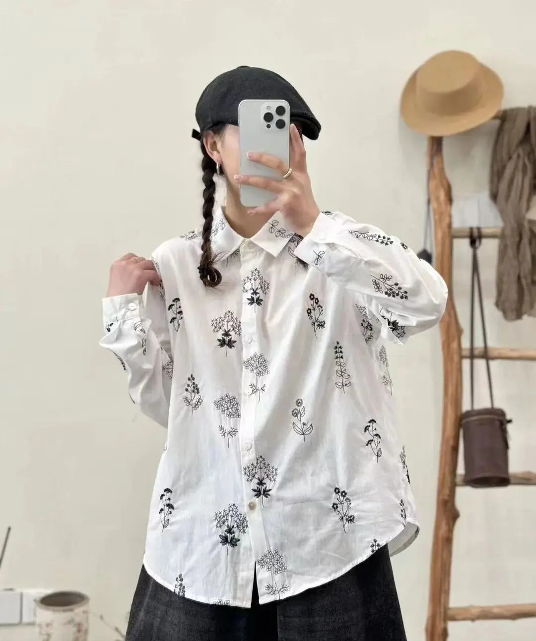 New Summer Cotton Long Sleeve Shirt, Women Lapel Embroidery Top, Mori Girl Casual French Vintage Loose Blouses, Autumn T47993QC