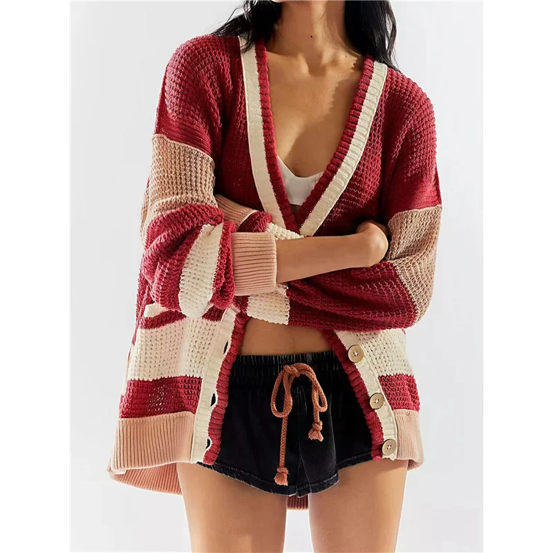 المرأة الخامس الرقبة سترة البلوزات كتلة اللون زر المتضخم كم طويل مفتوح الجبهة متماسكة سترة معاطف الطوب الأحمر M-ABQU