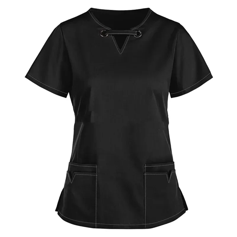 Solid Scrub Tops Healthcare Tunic Women Short Sleeves Hospitality Maid Nurses Uniform Cares Therapist Dentist Workwear Female