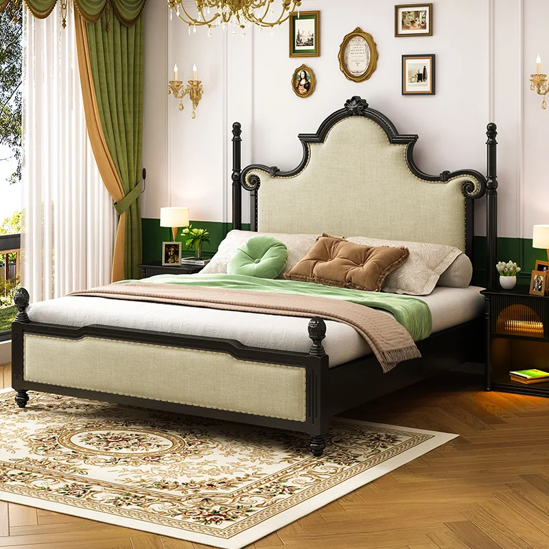 French retro black solid wood bed, American high column carved Roman column, light luxury big bed soft bed