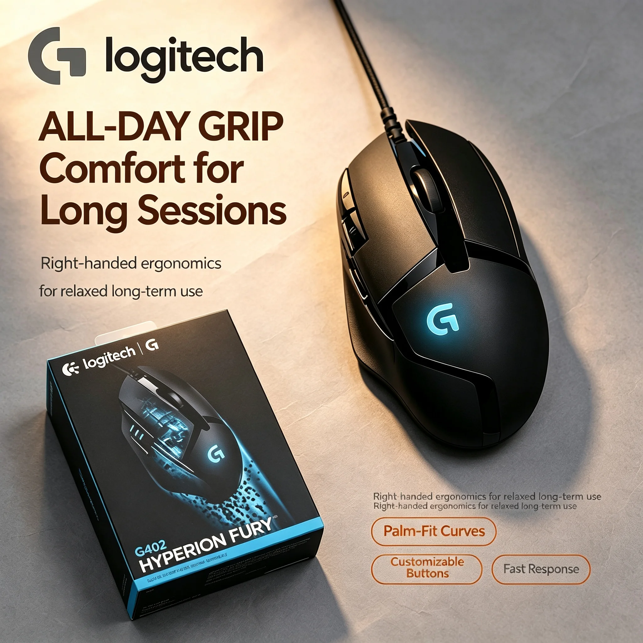 Logitech G402 Hyperion Fury Wired Gamer Mouse Adjustable DPI RGB Backlit 8 Custom Buttons For Desktop
