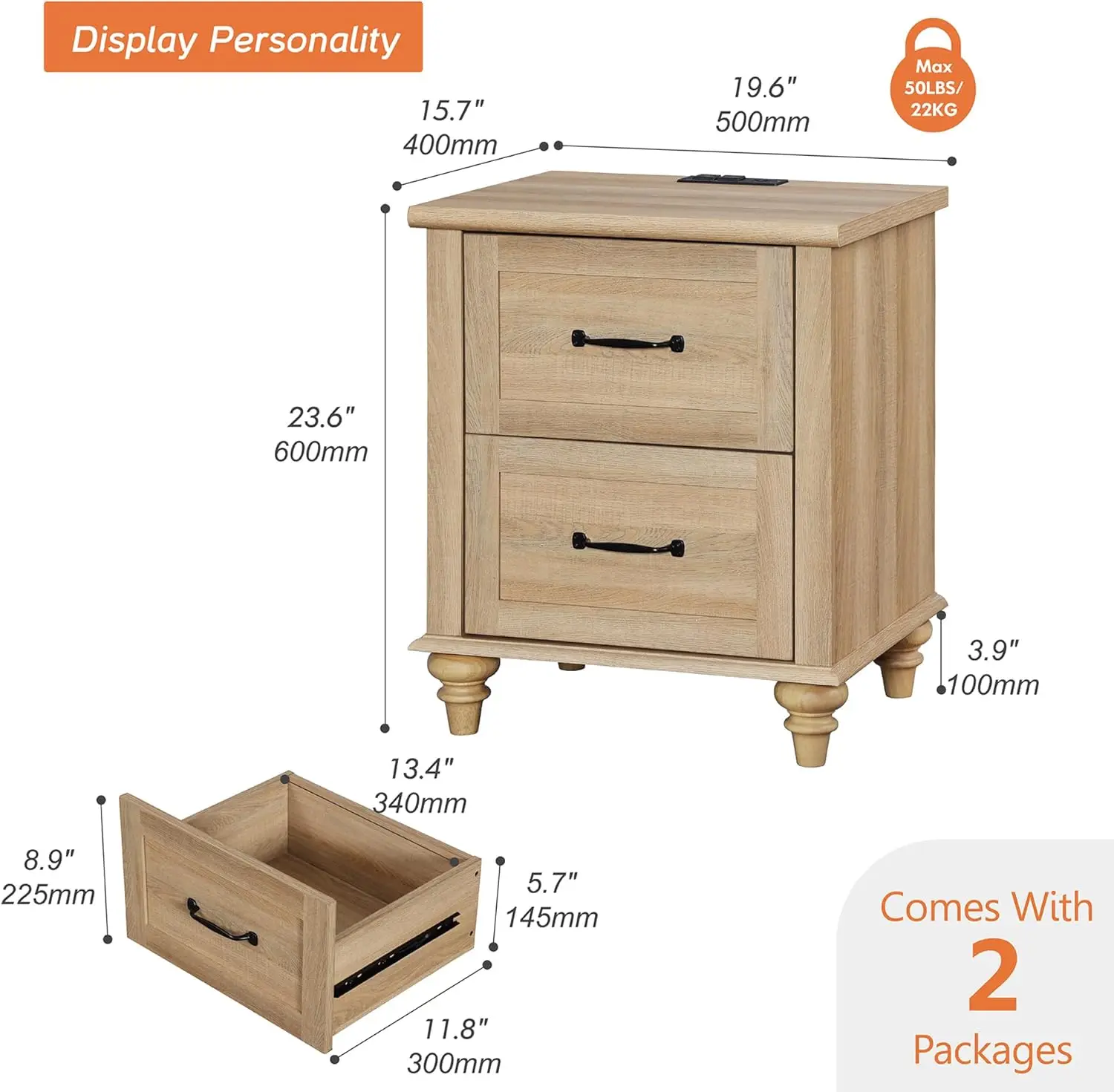 Nightstands with Charging Station Set of 2, 20 Inch Night Stand with 2 Drawers, Wooden Rustic Bedside Table End Tables