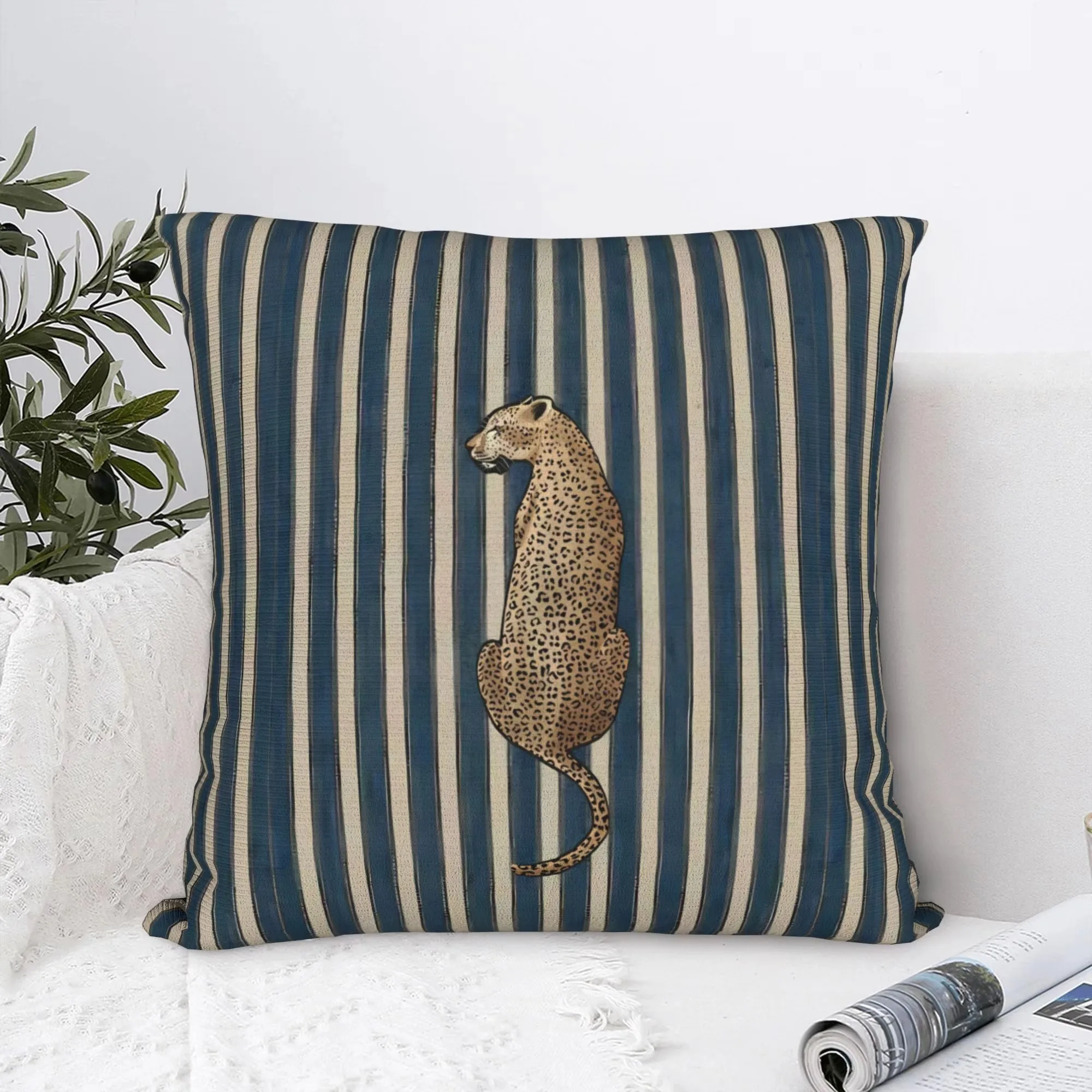 Bohemian Blue Striped Leopard Pillow Cover, Double Sided Soft Polyester Cushion for Living Room Sofa Car Interior Home Decor