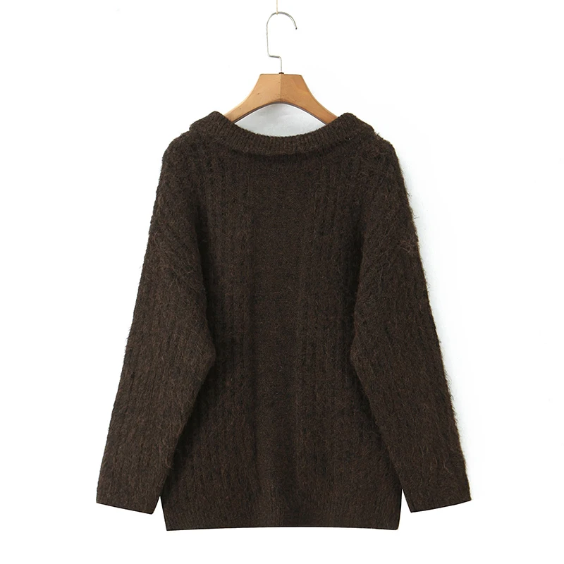 Yenkye 2025 pulôveres femininos simples e preguiçosos de malha casual manga comprida gola lapela outono inverno suéter solto
