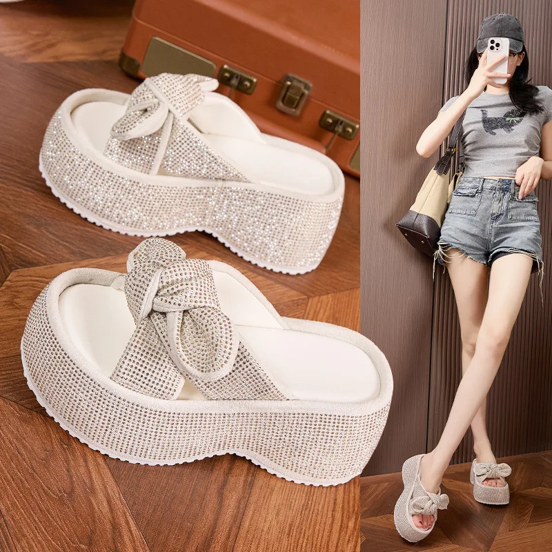 2026 8cm Synthetic Microfiber Leather Women Sandals Flats Chunky Sneakers Hollow Bling Slippers Platform Wedge Flats Shoes