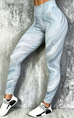 Women Black White Marble Swirl Print Fleece Lined Leggings Mid Waist High Stretch Yoga Fitness Pants