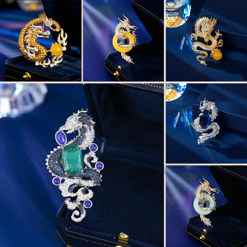 OKILY Exquisite Zircon Dragon Brooches Unisex Temperament Animal Zodiac Broch Corsage for Women Clothing Faucet Broche Jeweley