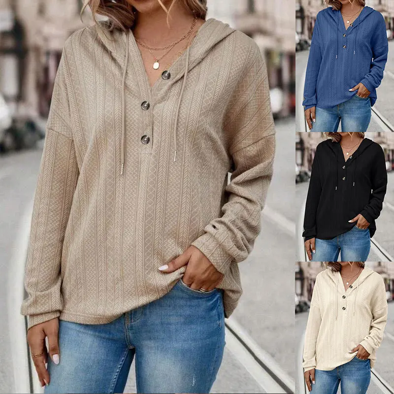 

2024 Autumn and Winter Women's Loose Casual Solid Color V- Neck Hooded Long-sleeved Sweater Woman