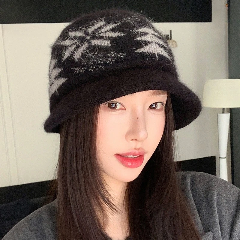 Light Luxury Mother-in-law Rabbit Fur Hat Big Head Suitable for Middle-aged and Elderly Thermal Hat Jacquard Elegant Pot Hat