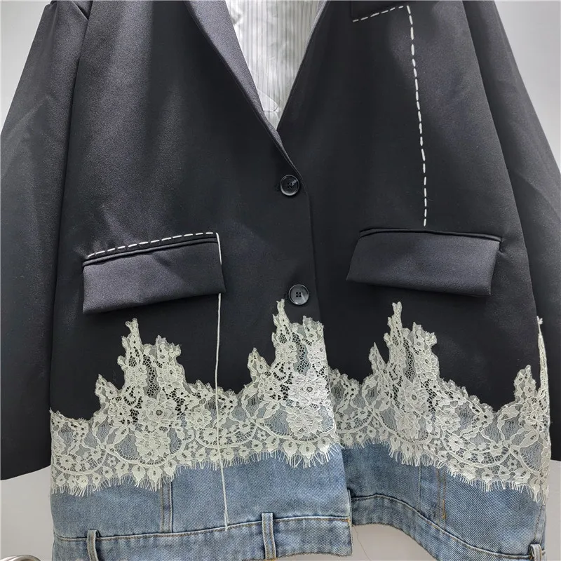 SuperAen 2026 Spring New Denim Patchwork Contrasting Color Lace Blazer Long-sleeved Women Oversize Loose Casual Suit