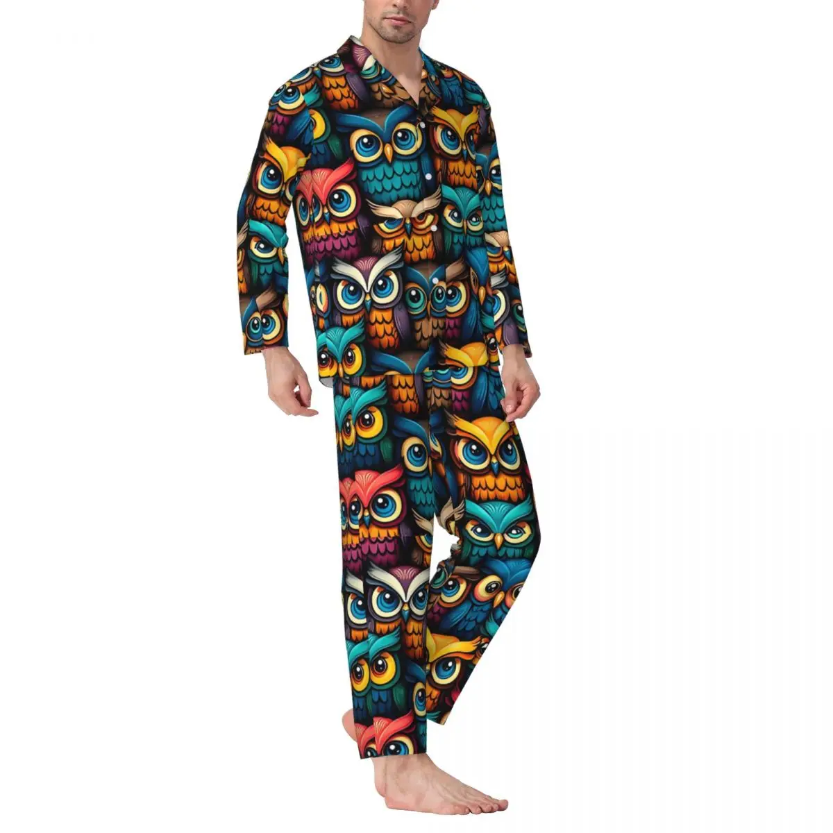 Colorful Bold Owl Sleepwear Spring Cartoon Animal Aesthetic Oversize Pajamas Set Man Long Sleeves Kawaii Daily Design Nightwear