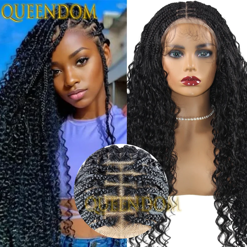 24 Inch Synthetic Bohemia Box Braid Wig Full Lace Goddess Cornrow Plait Braided Wig With Curly End Knotless Braids Wig for Women