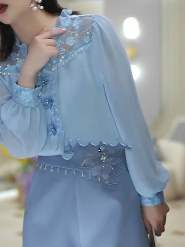 

2025 Spring New Blouses Solid Color V Neck Long Sleeve Ruffles Flower Sequined Shirts Fashion Elegant Design Women's Clothing