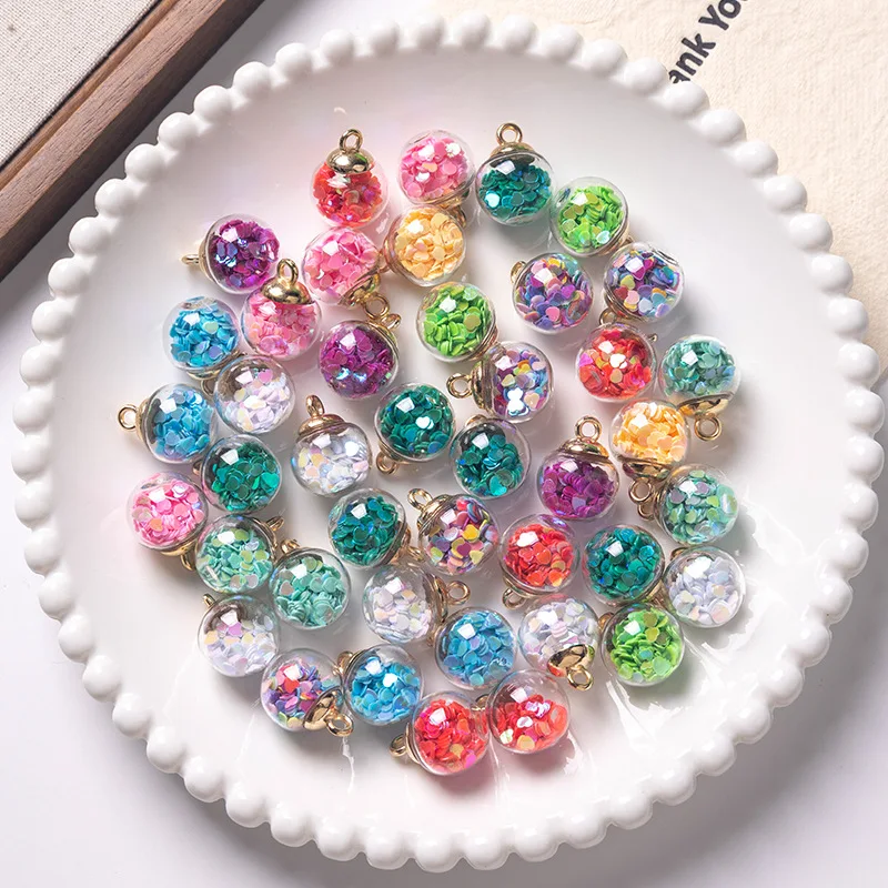20pcs Crystal Glass Ball Pendant Heart-shaped Sequined Quicksand Round Ornament DIY Bracelet Beaded Earring Pendant.