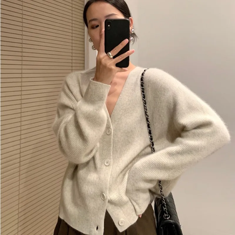 Autumn winter new cashmere cardigan women V-neck Korean blouse with loose languid sweater solid color coat