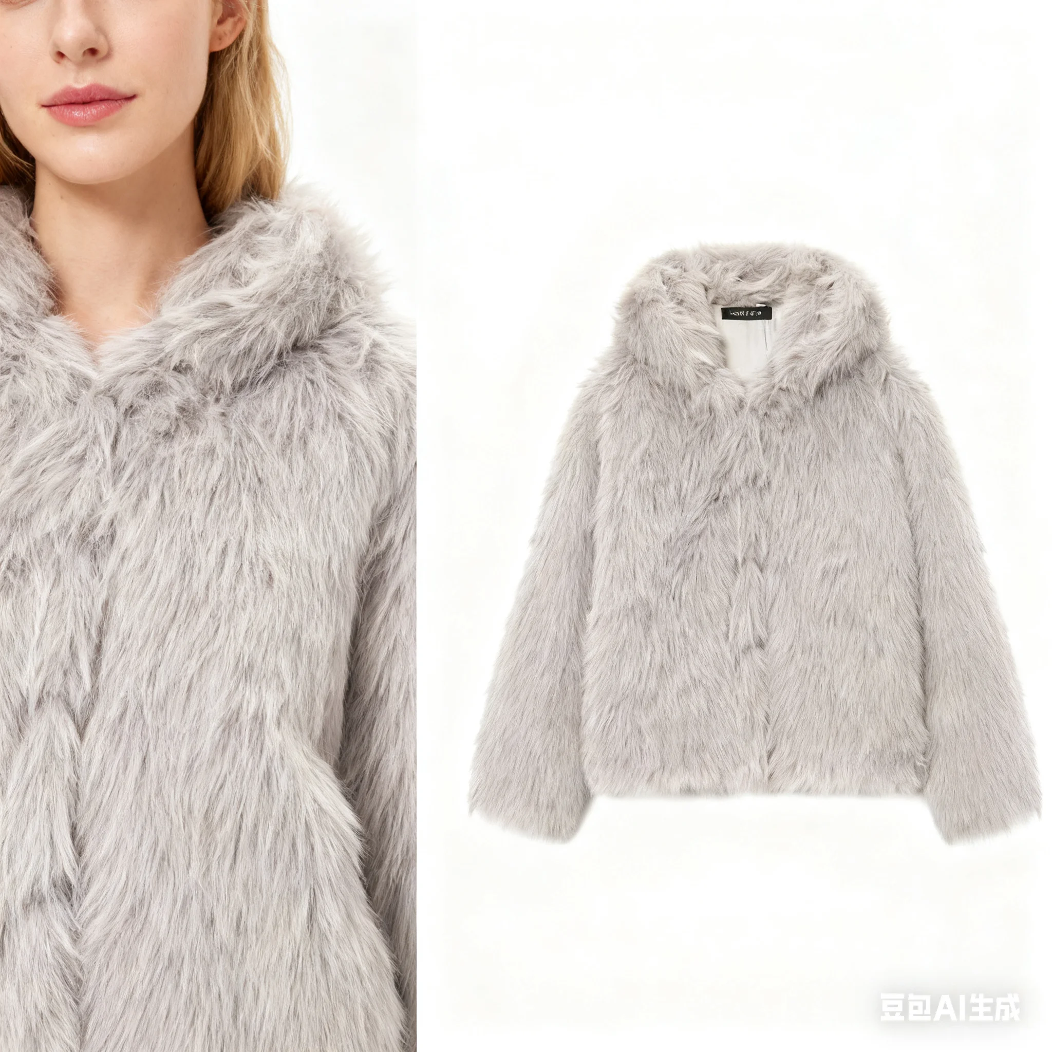 

Women's Light Gray Faux Fur Hooded Jacket, Soft Fluffy Furry Coat, Fashionable Winter Warm Outerwear for Casual & Party