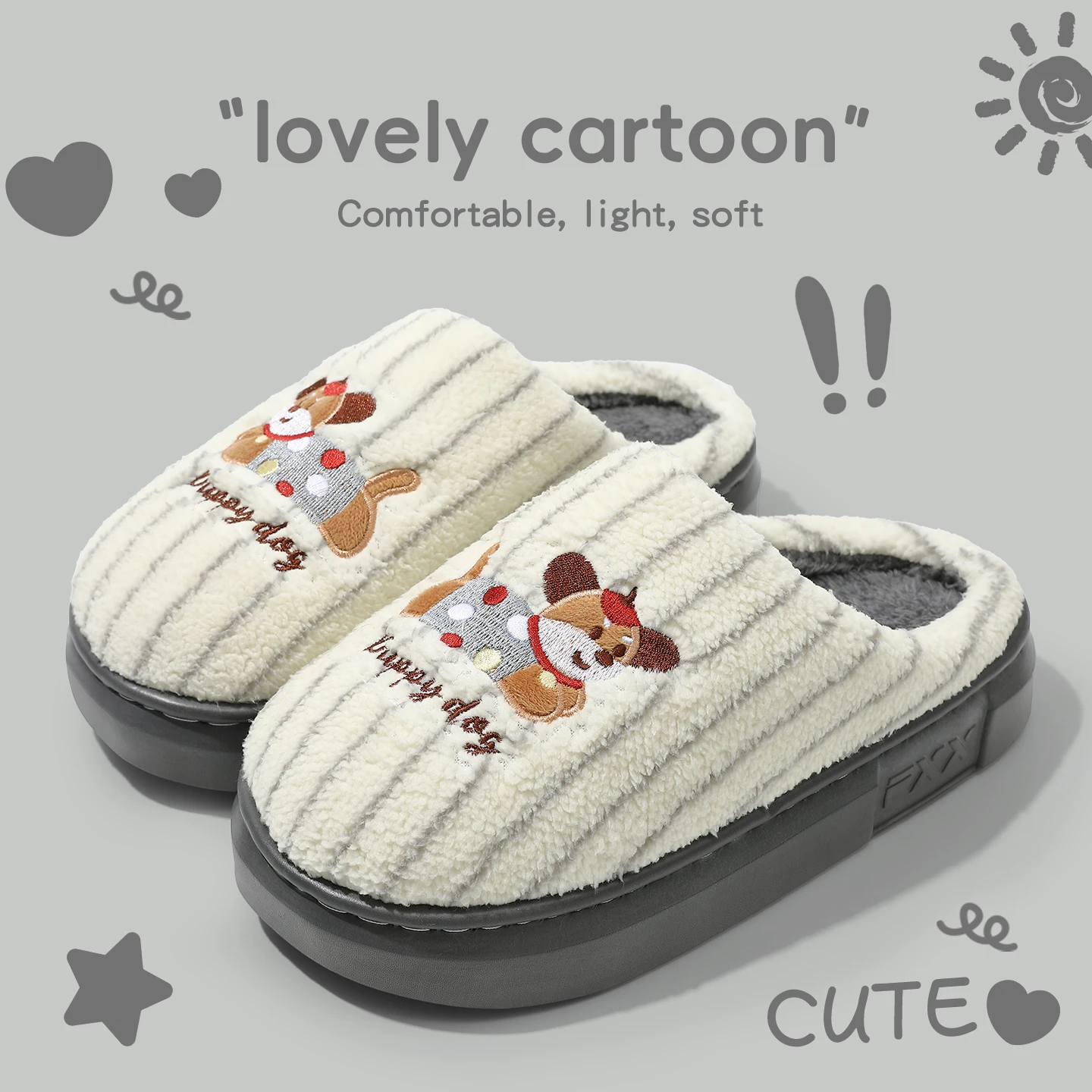 Winter Warm Plush Slippers Women Men Cute Puppy Dog Embroidery Thick Sole House Shoes Indoor Fuzzy Non-Slip Couple Slides