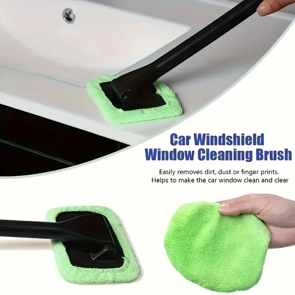 Car Windshield Cleaning Brush with 2 Reusable Microfiber Pads Multi-purpose Cleaner for Interior Exterior Car Glass Household Wi
