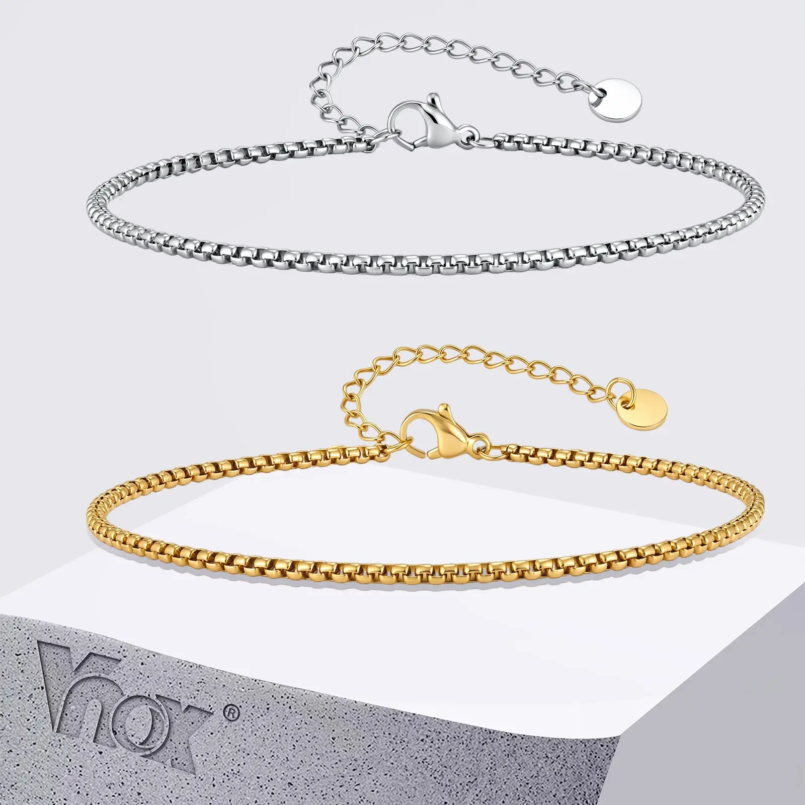 Vnox Stainless Steel Box Chain Link Anklet for Men Women, Gold Silver Color Adjustable Chain Anklet Bracelet, Men’s Jewelry Gift
