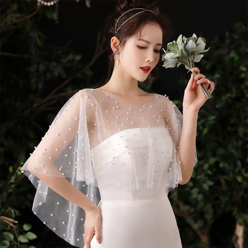 X7YC Women Sheer Tulle Pleated Wedding Shawl Pearl Beads White Capelet Vintage High Low Shrug Wrap Cover Up