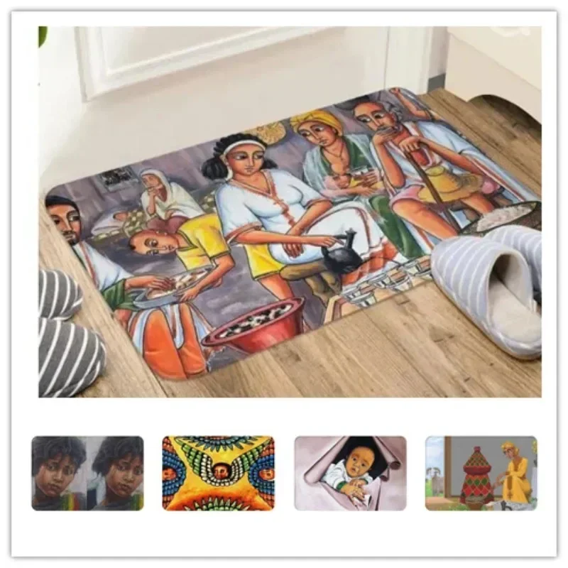 Ethiopian Painting Art Bathroom Mat Coffee Ceremony Doormats for Living Room Balcony Rug Home Decoration Super Absorbent Carpet