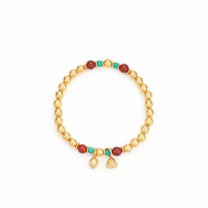 الرجعية لوتس البذور قلادة سوار العتيقة الذهب الحرفية جولة الخرز أساور للنساء الفيروز ضوء المجوهرات الفاخرة #6