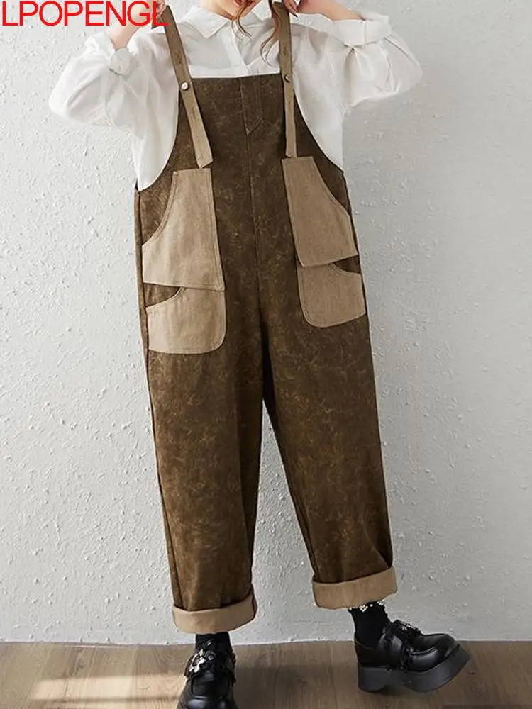 

2025 Autumn New Loose Korean Versatile Washed Color Contrasting Women Vintage Patchwork Large Pocket Jumpsuit oversize jeans
