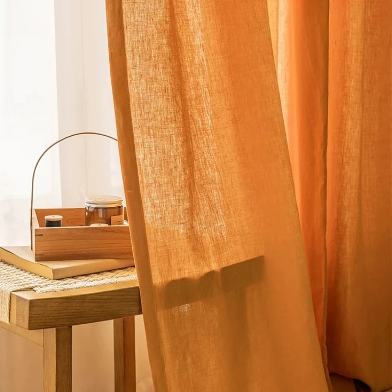 Orange Linen Natural Curtains for Living Room Bedroom French Window Balcony Customized Partition Curtain Finished Products