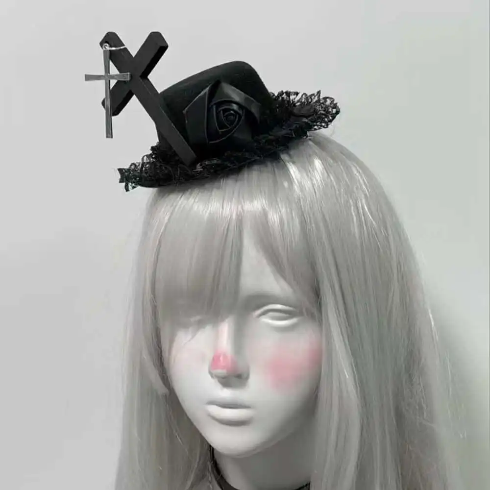 

Girls Gothic Headdress Lace Ribbon Rose Cross Top Hat Cosplay Lolita Dark Wild Headwear Vintage Royal Halloween Headpiece