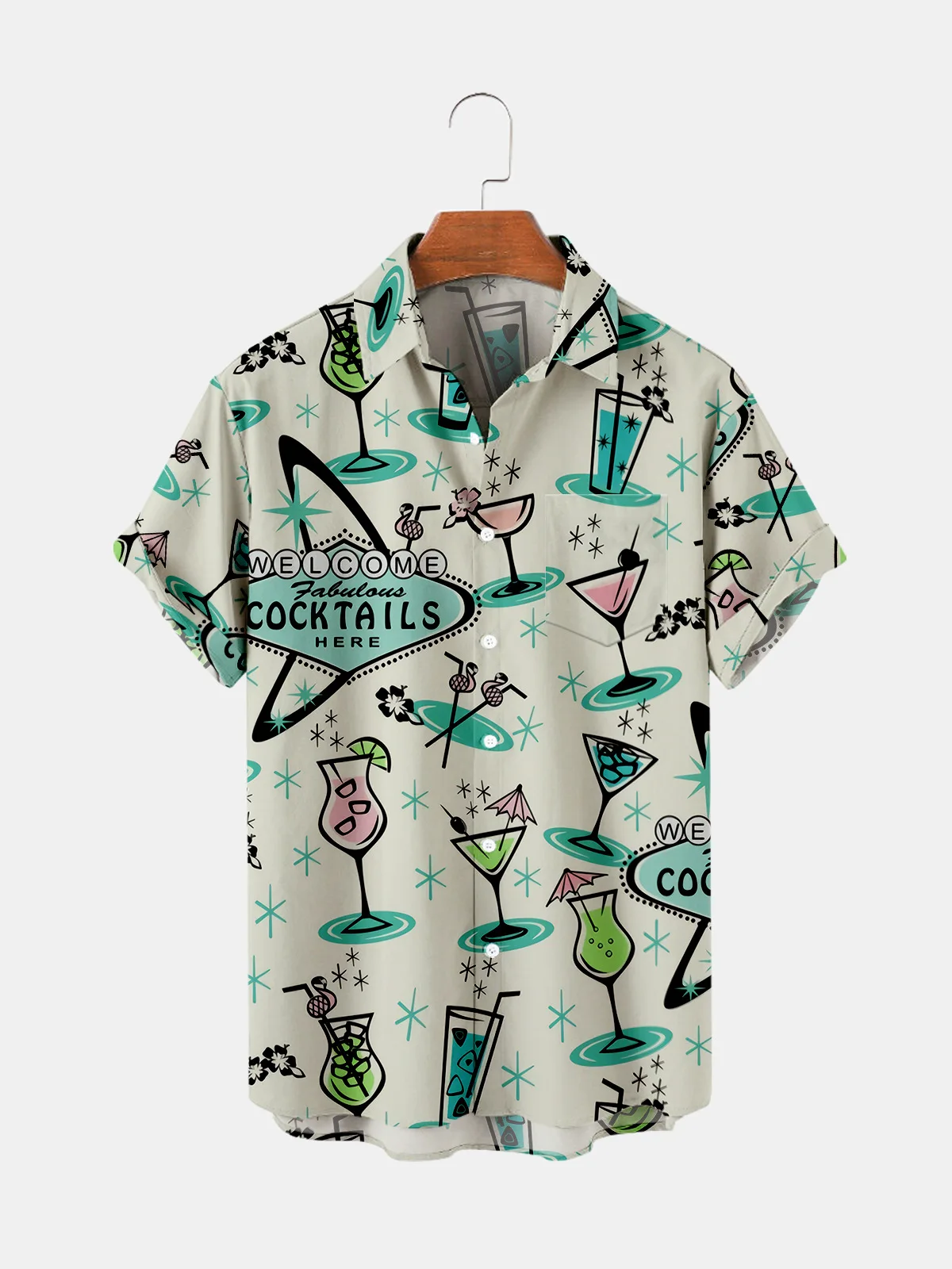 

2021 Hot Sale Cocktail Pattern 6 Digital Printing Loose Large Button Short Sleeve Men's Top