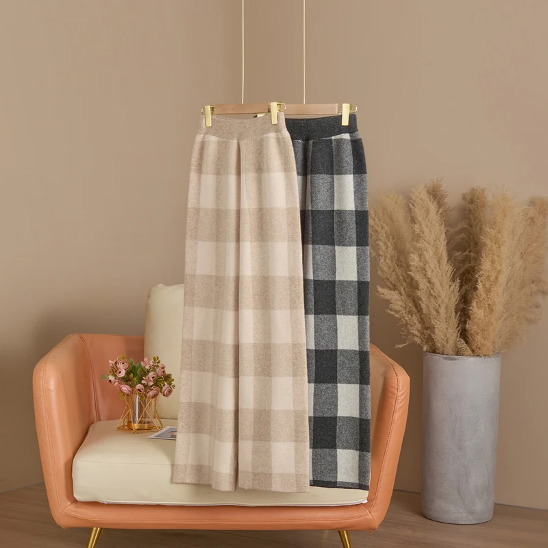 DjzDsm Autumn and Winter New Women's 100% Merino Wool Thickened High Waist Knitted Wide Leg Pants Four Flat Casual Plaid Pants