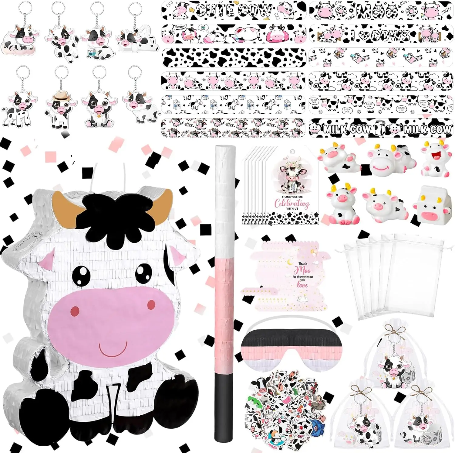

248 Pcs Cow Party Favor & Piñata Bundle - Includes Blindorneys, Stick, Confetti, Slap Bracelets, Stickers, Mini Resin Mesh Bags