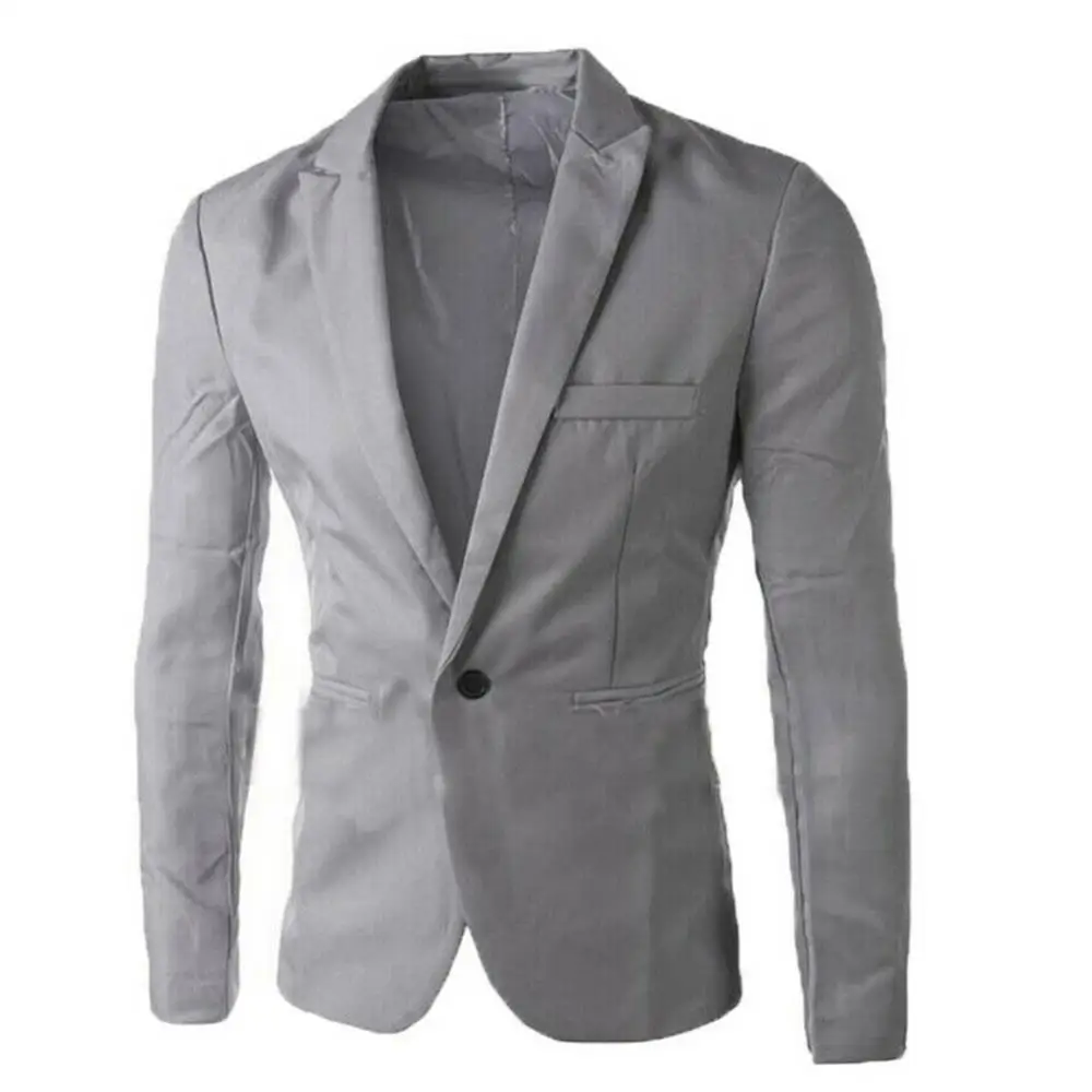 Men Solid Color Long Sleeve Lapel One Button Pocket Blazer Slim-Fit Suit Coat Blazer Korean Style Slim Men Suit Coat Casual Coat