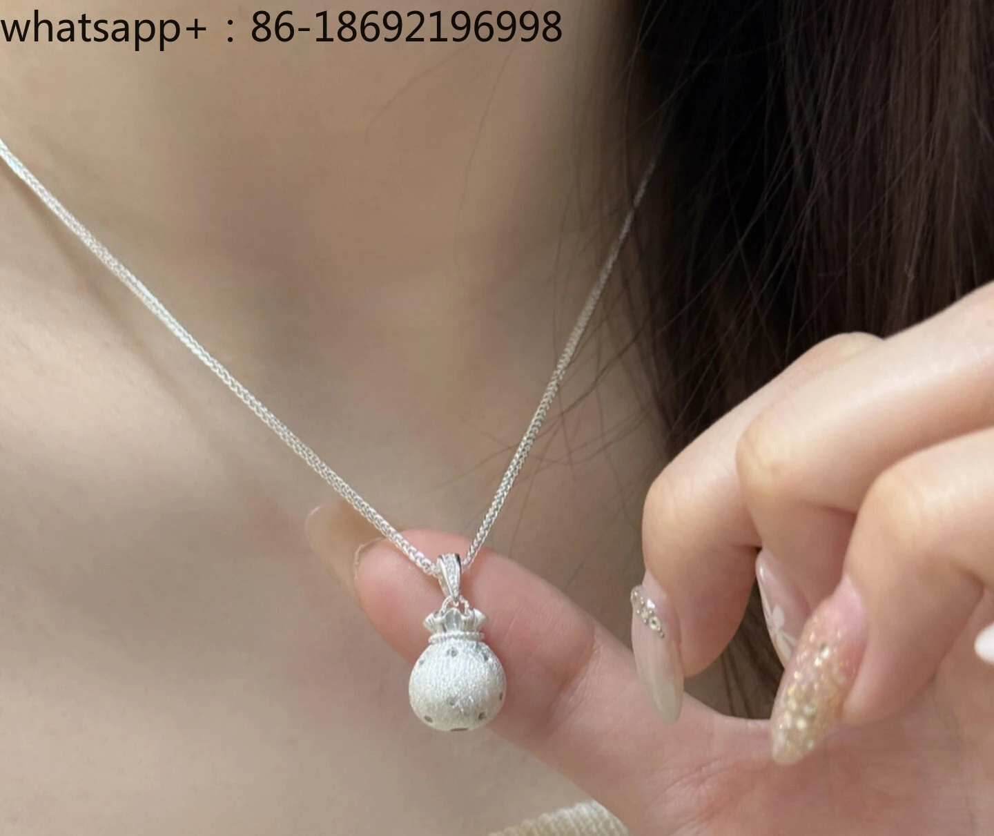 Pure Silver 999 Brushed Point Diamond Sterling Silver Lucky Bag Necklace