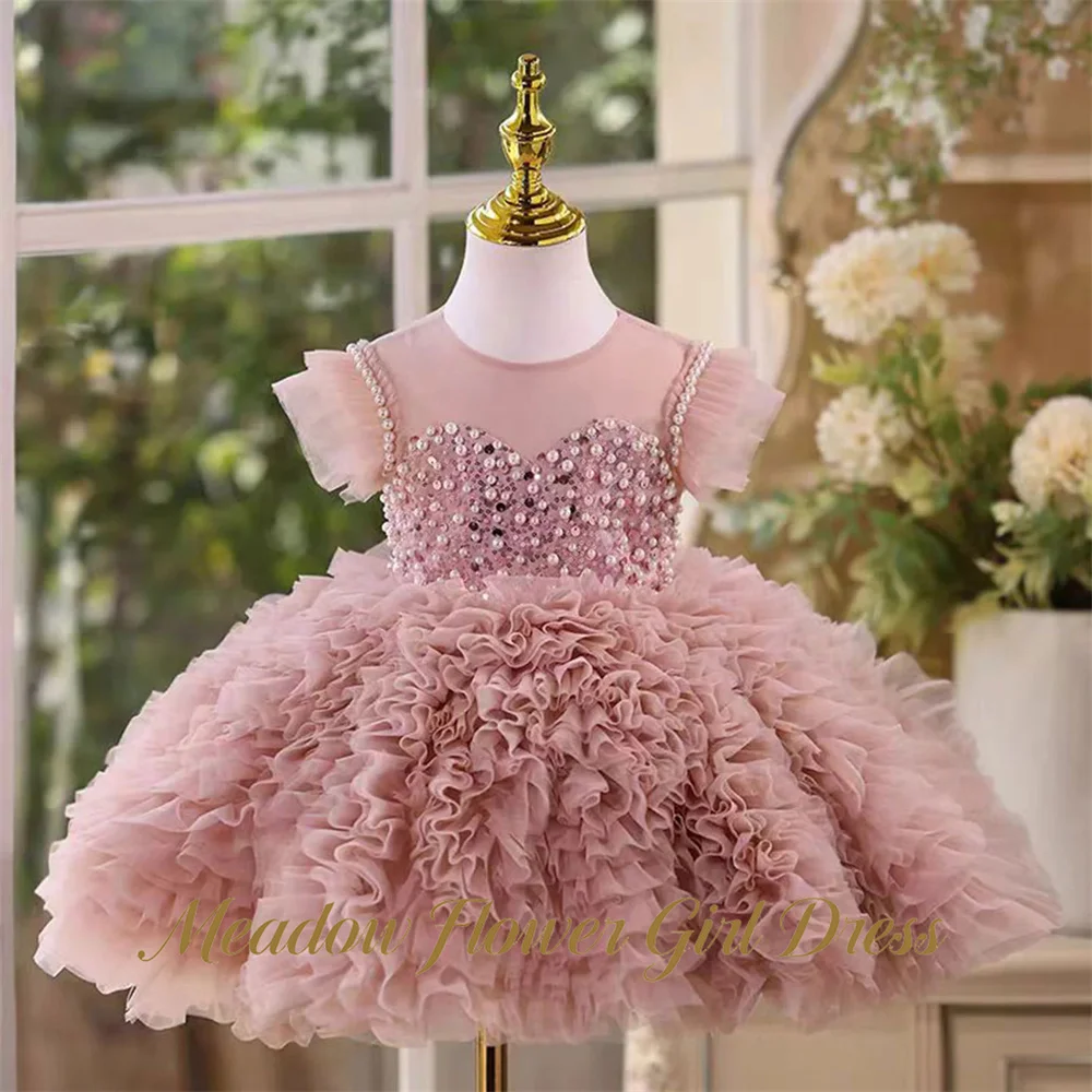 Meadow Dusty Rose Pageant Dress for Girls Beading On Chest Evening Party Gown for Girls A Line Knee Lenght First Communion Dress