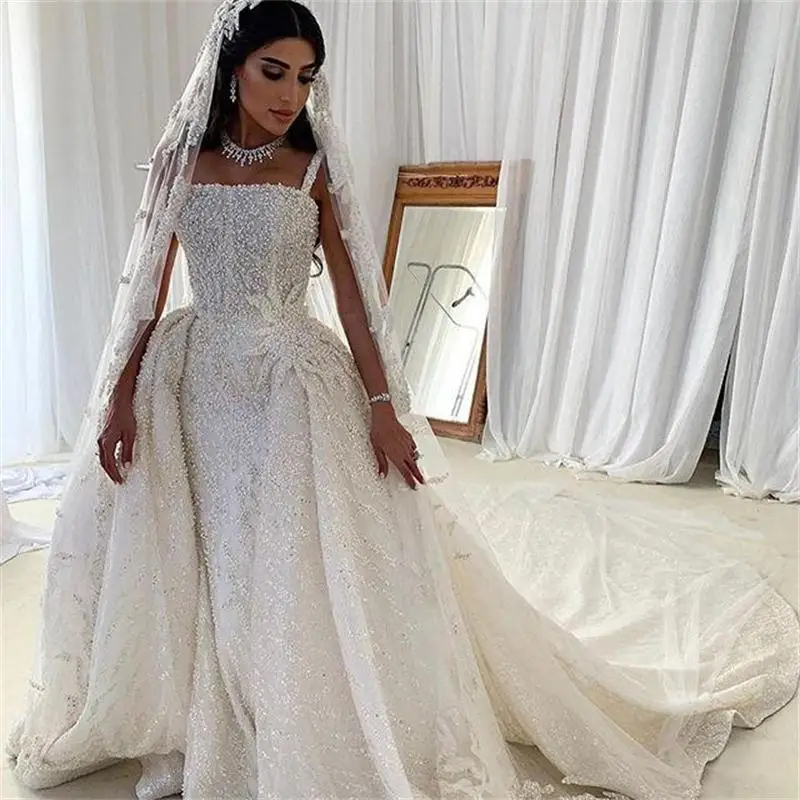 Personalizado cinta de espaguete brilhante completo lantejoulas contas vestido de casamento para noiva vestidos de novia trem destacável vestido de noiva