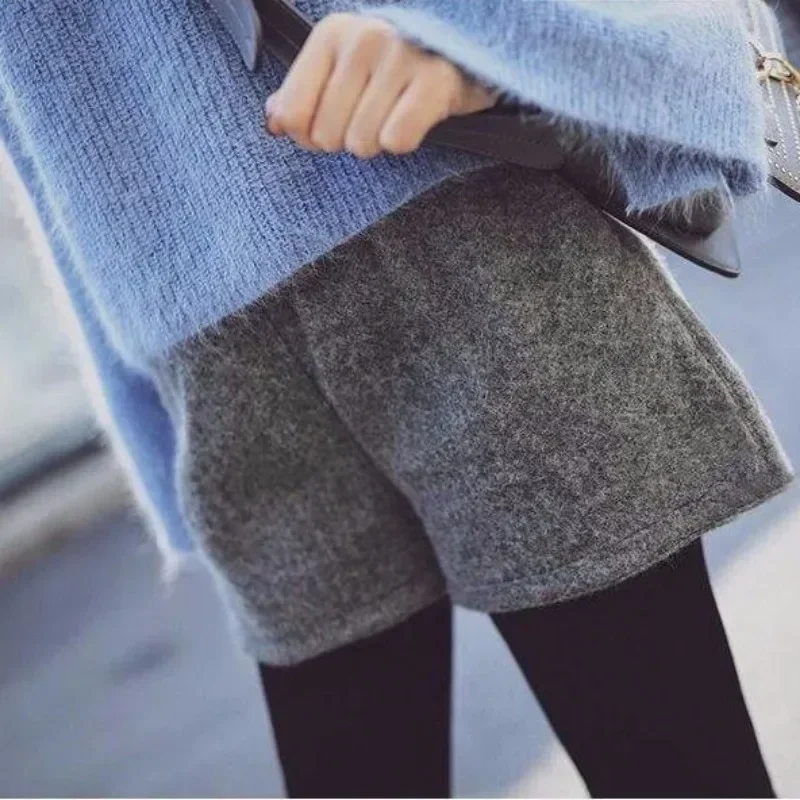 여성용 S-3XL 반바지, 올 매치 솔리드 팜므, 부드러운 기질, 하이 웨이스트 모직, 루즈하고 따뜻한, 우아한 한국 패션, 아늑한 가을 겨울