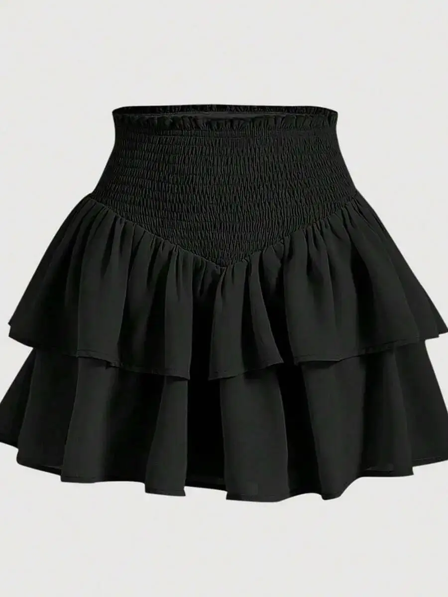 Women's High Waist Mini Skirt Peplum Layered Casual All Season Basic Solid Preppy Flared A-Line Skirts JK Sweet Korean 08AU