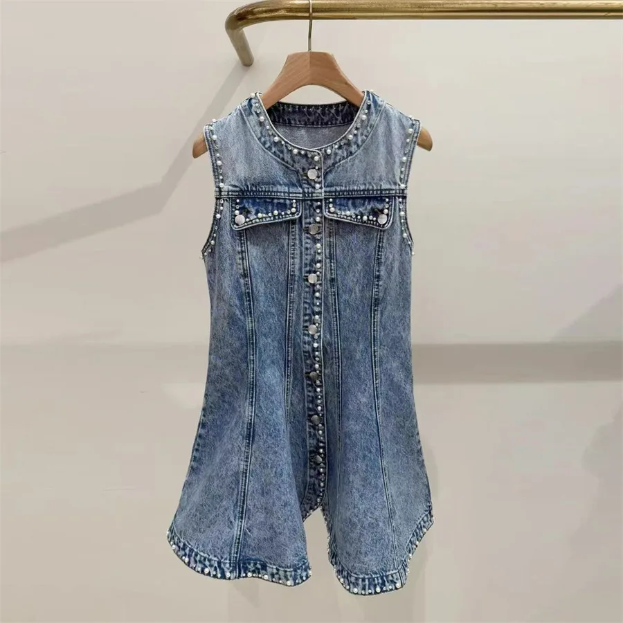 

【Gift Free】2026 Early Spring Women Sleeveless Denim Dress, Pearl Rhinestone Embellished, Ruffle Trim, French Slim Fit Dress