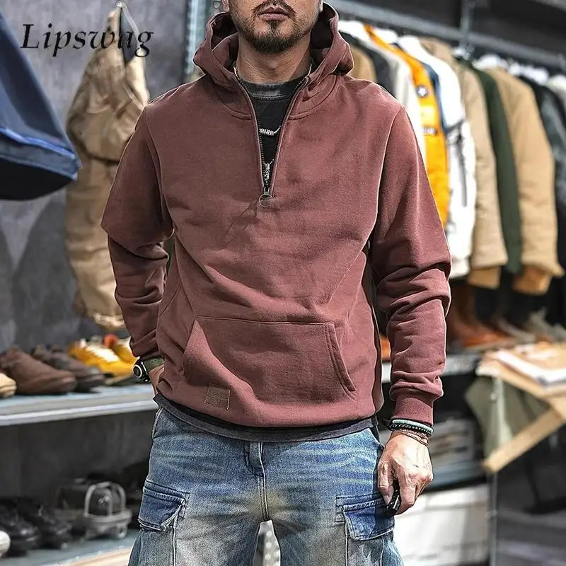 

Fall Winter Fleece Liner Warm Hoodies Men Vintage Zipper Hooded Sweatshirts For Mens Streetwear Casual Solid Color Slim Hoodie
