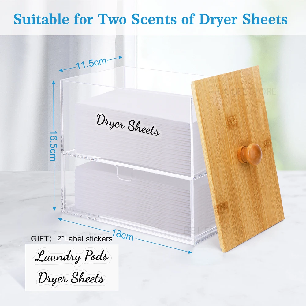 Double Layer Acrylic Storage Box with Bamboo Lid Dryer Sheet Holder Laundry Pod Container Laundry Room Organizer