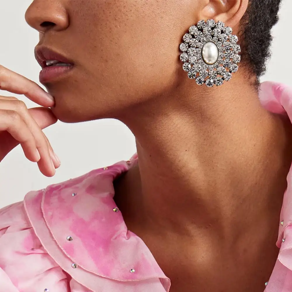 مشبك أذن مستدير من اللؤلؤ للنساء ، غير ثاقب ، مشابك أقراط من حجر الراين ، أنيقة ، تضمين ، بيان زفاف ، مجوهرات #1