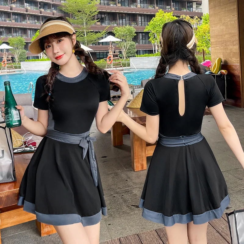 

Young Girl Swimsuit One-piece Dress Type High Waist Modest Hot Spring Swimming Suit Women's Push Up Swimwear